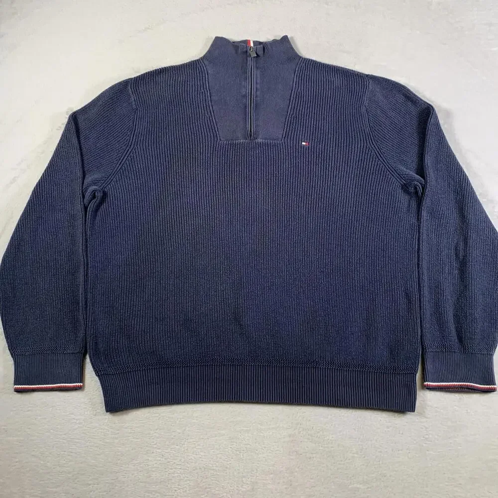 Tommy Hilfiger Sweater Mens XL Navy Blue 1/4 Zip‎ Pullover 100% Cotton Rib Knit